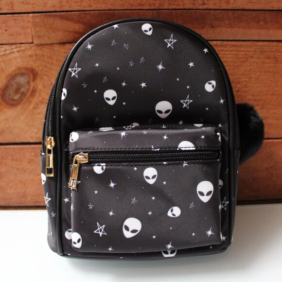 Like Dreams Mini Backpack Black Alien Print Faux Leather Small Bag Pom Keychain - Picture 1 of 6